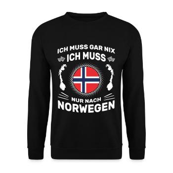 Spruch Ich muss gar nix Ich muss nur nach Norwegen - Unisex Pullover - Schwarz - Vorne - Alina (178cm) & Michal (187cm)
