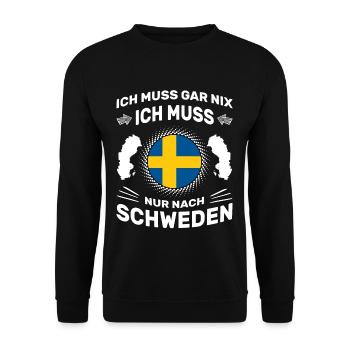 Spruch Ich muss gar nix Ich muss nur nach Schweden - Unisex Pullover - Schwarz - Vorne - Alina (178cm) & Michal (187cm)