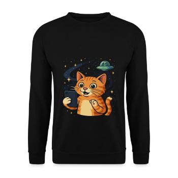 Weltraum Katze mit Alien UFO - Unisex Pullover - Schwarz - Vorne - Alina (178cm) & Michal (187cm)