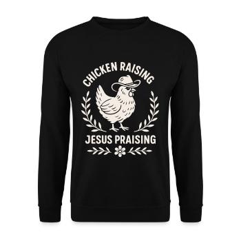 Hühner Haltend Jesus Lobend Cowboy Humor - Unisex Pullover - Schwarz - Vorne - Alina (178cm) & Michal (187cm)