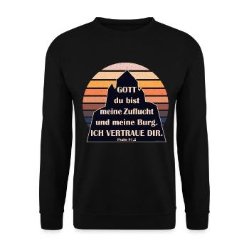 Psalm 91,2 Vertraue Gott Schutz und Burg Sunset - Unisex Pullover - Schwarz - Vorne - Alina (178cm) & Michal (187cm)