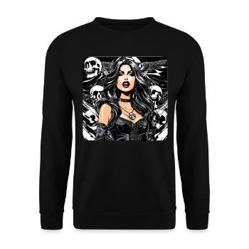 Coole Heavy Metal Frau mit Totenköpfen Gothic - Unisex Pullover - Schwarz - Vorne - Alina (178cm) & Michal (187cm)