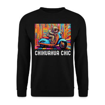 Chihuahua fährt einen bunten Roller auf Muster - Unisex Pullover - Schwarz - Vorne - Alina (178cm) & Michal (187cm)