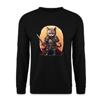 Katze in Ritter Ausrüstung mit Langschwert, AI Gen - Unisex Pullover - Schwarz - Vorne - Alina (178cm) & Michal (187cm)