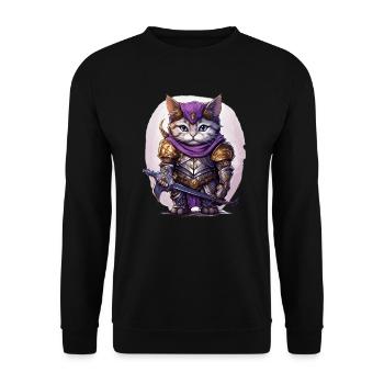 Katze in Ritter Ausrüstung mit Langschwert, AI Gen - Unisex Pullover - Schwarz - Vorne - Alina (178cm) & Michal (187cm)