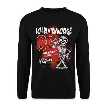 Geburtstag 80 Knackige Jahre Skelett Knochen - Unisex Pullover - Schwarz - Vorne - Alina (178cm) & Michal (187cm)
