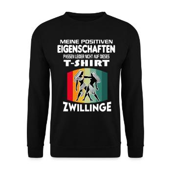 Geburtstag Sternzeichen Retro Zwillinge - Unisex Pullover - Schwarz - Vorne - Alina (178cm) & Michal (187cm)