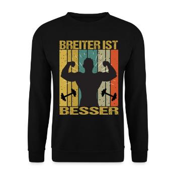 Bodybuilding Sprüche Mann Breiter ist besser - Unisex Pullover - Schwarz - Vorne - Alina (178cm) & Michal (187cm)