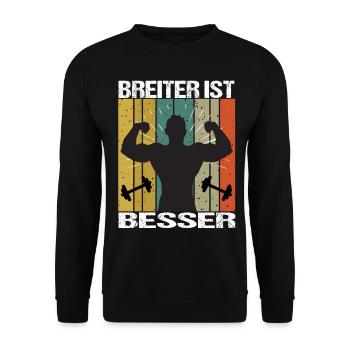 Bodybuilding Sprüche Mann Breiter ist besser - Unisex Pullover - Schwarz - Vorne - Alina (178cm) & Michal (187cm)