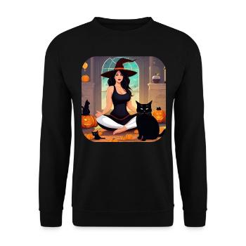 Halloween Hexe beim Joga mit schwarzen Katzen - Unisex Pullover - Schwarz - Vorne - Alina (178cm) & Michal (187cm)