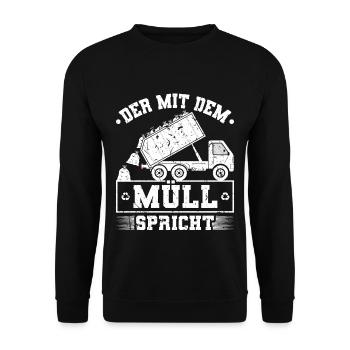 Der Mit Dem Müll Spricht Müllauto Müllmann - Unisex Pullover - Schwarz - Vorne - Alina (178cm) & Michal (187cm)