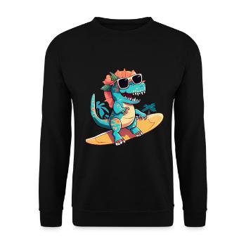 Dino Dinosaurier auf Surfboard mit Sonnenbrille - Unisex Pullover - Schwarz - Vorne - Alina (178cm) & Michal (187cm)