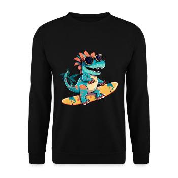 Dino Dinosaurier auf Surfboard mit Sonnenbrille - Unisex Pullover - Schwarz - Vorne - Alina (178cm) & Michal (187cm)