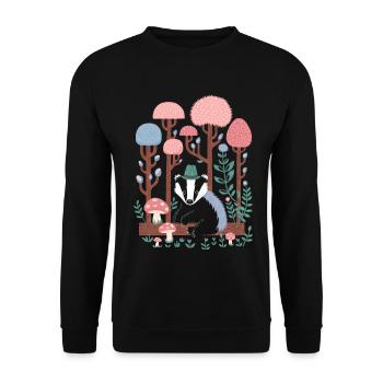 Cottagecore Waldlandschaft mit Dachs und Pilzen - Unisex Pullover - Schwarz - Vorne - Alina (178cm) & Michal (187cm)