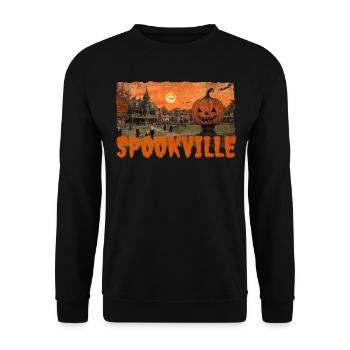 Vintage Halloween Shirt, Spooky Village T-Shirt - Unisex Pullover - Schwarz - Vorne - Alina (178cm) & Michal (187cm)