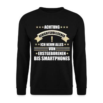 achtung gerichtsvollzieher lustig - Unisex Pullover - Schwarz - Vorne - Alina (178cm) & Michal (187cm)