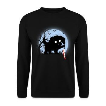 Lustiger schwarzer Halloween süßer Hund mit Messer Mond - Unisex Pullover - Schwarz - Vorne - Alina (178cm) & Michal (187cm)