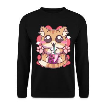 Chaton buvant du thé Boba Kawaii Anime - Sweat-shirt Unisexe - noir - Devant - Alina (178cm) & Michal (187cm)
