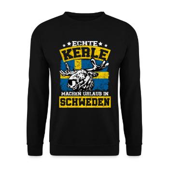 Echte Kerle machen Urlaub in Schweden mit Elch - Unisex Pullover - Schwarz - Vorne - Alina (178cm) & Michal (187cm)