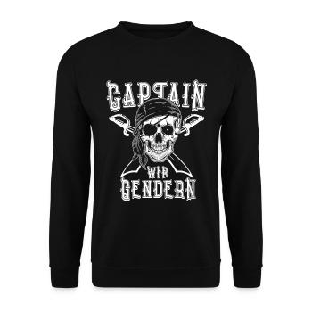 Captain wir Gendern- Lustiges Sprüche Sächsisch - Unisex Pullover - Schwarz - Vorne - Alina (178cm) & Michal (187cm)
