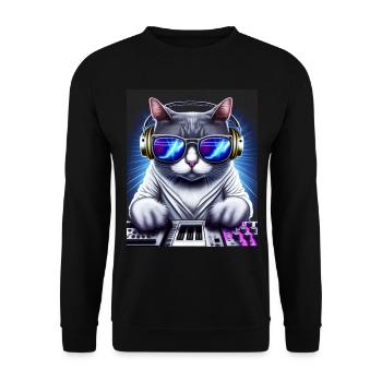 Cat DJ mit Kopfhörern und Brille auf Synthetizer - Unisex Pullover - Schwarz - Vorne - Alina (178cm) & Michal (187cm)