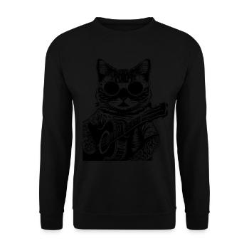 Katze mit Sonnenbrille spielt Gitarre - Unisex Pullover - Schwarz - Vorne - Alina (178cm) & Michal (187cm)