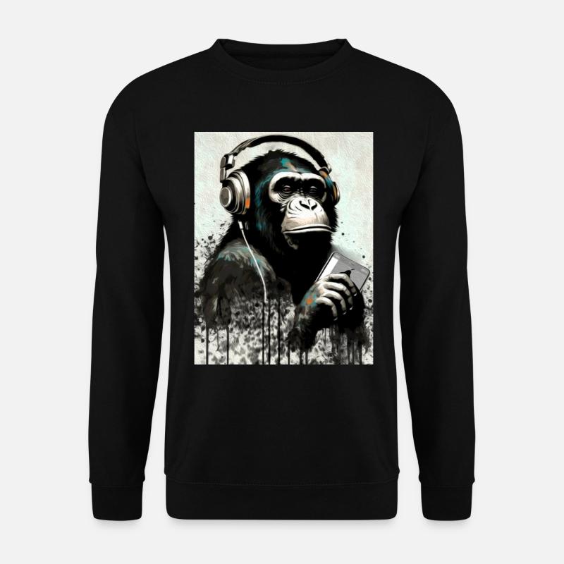 Schimpanse mit Kopfhörer Smarphone - Unisex Pullover - Schwarz