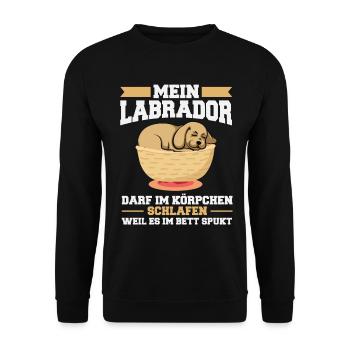 Schlafender Labradorwelpe im Körbchen - Unisex Pullover - Schwarz - Vorne - Alina (178cm) & Michal (187cm)