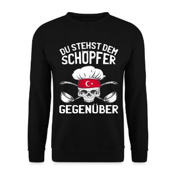 Koch Kochen Sarkasmus - Dem Schöpfer Gegenüber - Unisex Pullover - Schwarz - Vorne - Alina (178cm) & Michal (187cm)