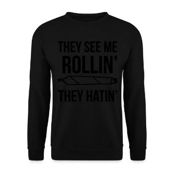 Rollin High Umarme den Liebhaber der kühlen Pflanzenmedizin - Unisex Pullover - Schwarz - Vorne - Alina (178cm) & Michal (187cm)