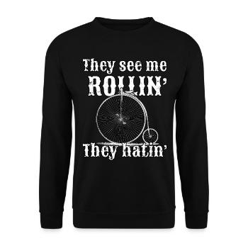 Vintage Rollin Fahrt mit Stil mit altem Fahrrad - Unisex Pullover - Schwarz - Vorne - Alina (178cm) & Michal (187cm)