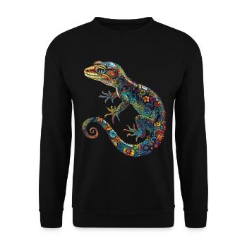 Blumen Leopard Gecko Bunt & Verschnörkelt - Unisex Pullover - Schwarz - Vorne - Alina (178cm) & Michal (187cm)
