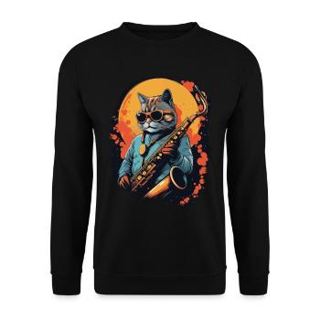 Lustige Katze spielt Saxophonmusik - Unisex Pullover - Schwarz - Vorne - Alina (178cm) & Michal (187cm)