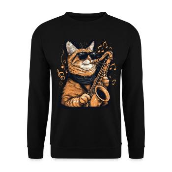 Chat drôle jouant des notes de musique de saxophone graphique - Sweat-shirt Unisexe - noir - Devant - Alina (178cm) & Michal (187cm)