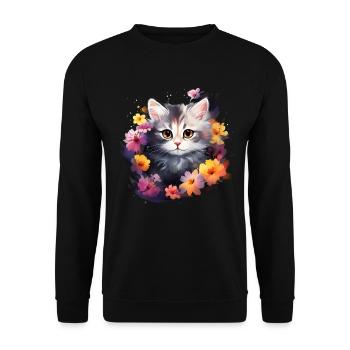 Katze Blumen Lustiges Geschenk - Unisex Pullover - Schwarz - Vorne - Alina (178cm) & Michal (187cm)