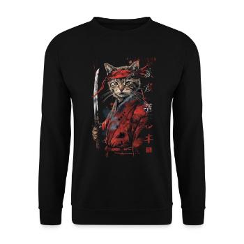 Katze Samurai Lustiges Geschenk - Unisex Pullover - Schwarz - Vorne - Alina (178cm) & Michal (187cm)
