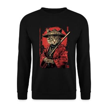Katze Samurai Lustiges Geschenk - Unisex Pullover - Schwarz - Vorne - Alina (178cm) & Michal (187cm)