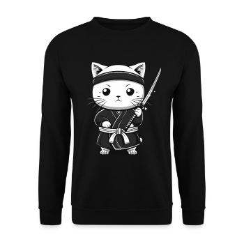 Katze Samurai Kawaii Lustiges Geschenk - Unisex Pullover - Schwarz - Vorne - Alina (178cm) & Michal (187cm)