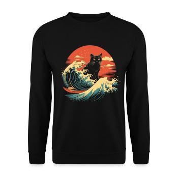 Katze Japanische Welle Geschenk - Unisex Pullover - Schwarz - Vorne - Alina (178cm) & Michal (187cm)