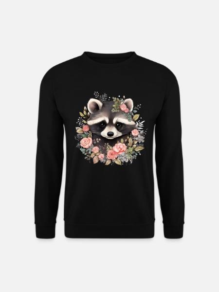 Waschbär Blumen Lustig Geschenk - Unisex Pullover - Schwarz