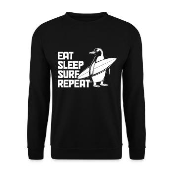 Eat Sleep Surf Repeat Pinguin Surfer - Unisex Pullover - Schwarz - Vorne - Alina (178cm) & Michal (187cm)