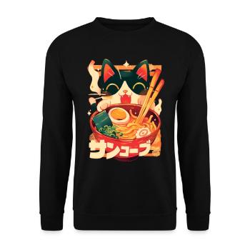 Kawaii Cute Cat Ramen Bowl Noodles Japanese Anime - Unisex Sweatshirt - black - Front - Alina (178cm) & Michal (187cm)