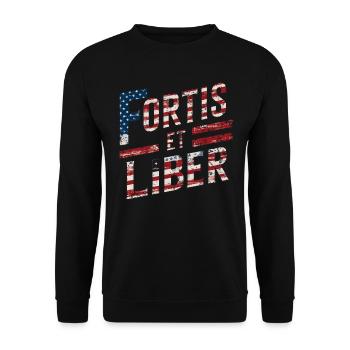 Amerikanische Flagge Fortis et Liber Patriotische Phrase - Unisex Pullover - Schwarz - Vorne - Alina (178cm) & Michal (187cm)