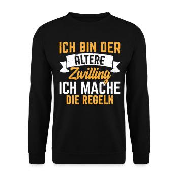 Älterer Zwilling mit Stil – Keine Regeln für mich - Unisex Pullover - Schwarz - Vorne - Alina (178cm) & Michal (187cm)