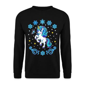 Winter 2022 blaues Einhorn mit Schneeflocken - Unisex Pullover - Schwarz - Vorne - Alina (178cm) & Michal (187cm)