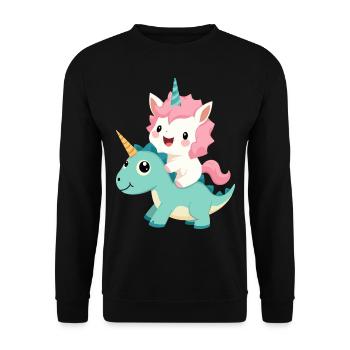 Kawaii Einhorn Reiten Dino – Niedliches Fantasietier - Unisex Pullover - Schwarz - Vorne - Alina (178cm) & Michal (187cm)