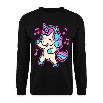 Tanzendes Einhorn mit Kopfhörern – Fun Music Vibes - Unisex Pullover - Schwarz - Vorne - Alina (178cm) & Michal (187cm)