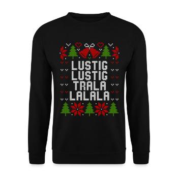 Ugly Christmas Lustig Lustig Tralalalala Sprüche - Unisex Pullover - Schwarz - Vorne - Alina (178cm) & Michal (187cm)