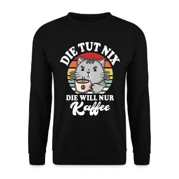 Katze Kaffee Sprüche mit Katzen - Unisex Pullover - Schwarz - Vorne - Alina (178cm) & Michal (187cm)