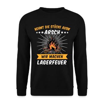 Camping Sprüche Lagerfeuer Stöcke - Unisex Pullover - Schwarz - Vorne - Alina (178cm) & Michal (187cm)